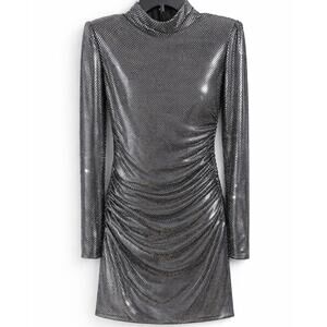 Ieena for Mac Duggal Micro-Sequin Ruched Mini Dress, Zipper Cuff Sleeves, Size 8